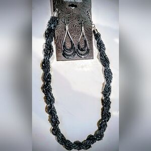 Black/GreyTwisted Beaded Jewelry Set,Chain24"x1/2",Earrings2.25x1" Charles Klein